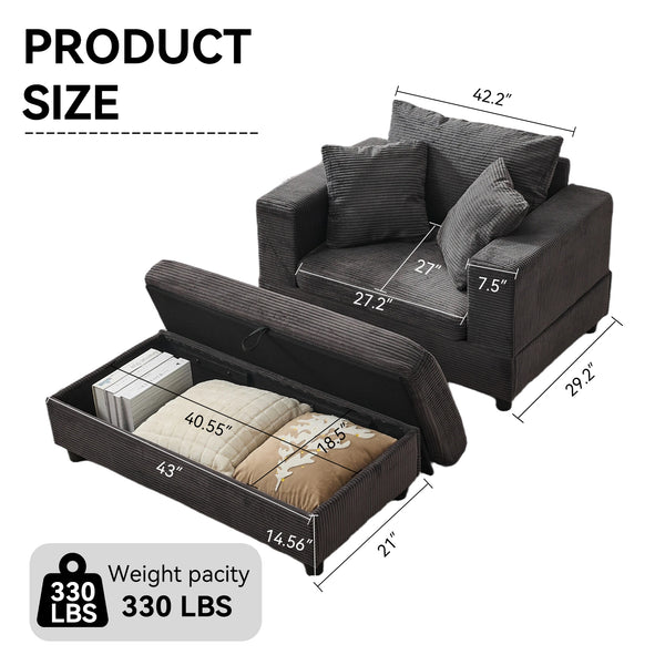 English Elm Chaise Lounge Chair With Storage Ottoman - Stylish Sleeper Sofa, Soft Corduroy, Versatile Comfort W1170P353053