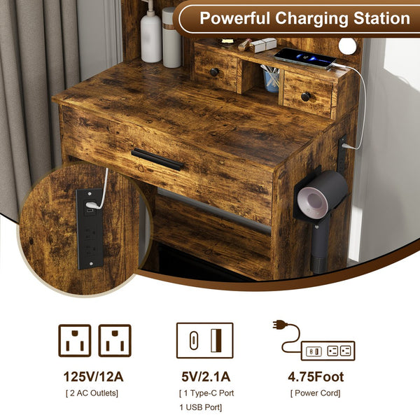 English Elm Vanity compact dressing desk with LED mirror, 3-color dimmable lights, drawers, stool, outlet Vintage W2699P345802