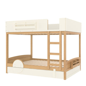 English Elm Queen Bunk Bed with Trundle Solid Pine Kids Car Themed Frame Built-in Bookshelf Natural+Beige W1580S00449
