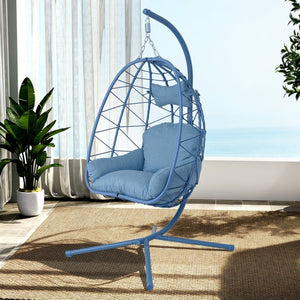 English Elm Hanging Egg Chair Woven Pe Wicker Patio Swing with Stand and Washable Cushion T5880P497568