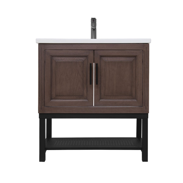 English Elm 32" Modern Bathroom Vanity with White Ceramic Seamless Sink, Textured Aluminum Faucet, Durable Hinges and Open Iron Shelf for Stylish Storage Walnut W688P224395