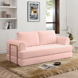 English Elm Convertible Floor Sofa Futon with Corduroy Upholstery for Living Room Lounging and Sleeping Pink W1117P434734