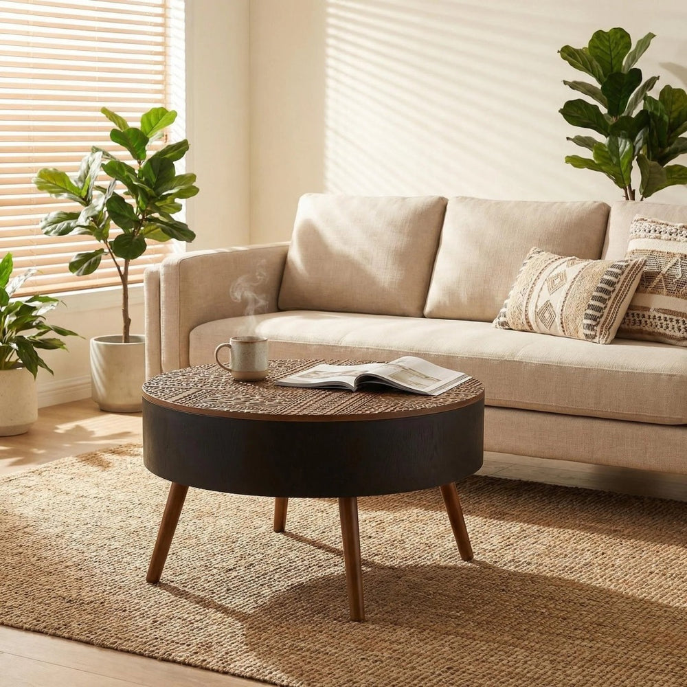 English Elm 31.5-inch Round Carved Wood Coffee Table Vintage Distressed Finish Living Room Accent W3935P406032