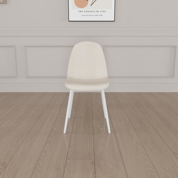 English Elm Dining Chair Set of 4 Beige Linen Upholstered Spoon-Shape Seats with White Metal Legs, Mid-Century Modern Comfort and Floor-Protecting Pads W2189P190477