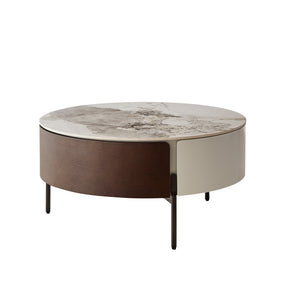 English Elm Modern Round Coffee Table with Sintered Stone Top, Smoked Wood Veneer, Drawers & Golden Legs — Durable Scratch‑Resistant Design for Living Room Lounge (White+Natural) W1911P195002