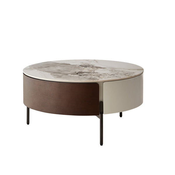 English Elm Modern Round Coffee Table with Sintered Stone Top, Smoked Wood Veneer, Drawers & Golden Legs — Durable Scratch‑Resistant Design for Living Room Lounge (White+Natural) W1911P195002