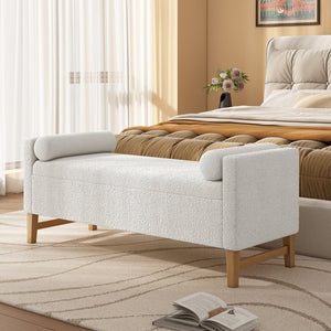 English Elm Christopher Knight Home® - Upholstered Boucle Storage Ottoman with Solid Wood Legs, Ivory, Hidden Compartment & 2 Pillows - Large Bench 47.3"L N757P300884I