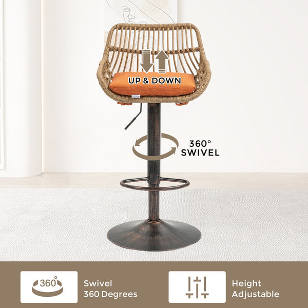 English Elm Modern Swivel Bar Stools Set of 2 Adjustable Counter Height Chairs with Linen Seat Vintage Gold Frame Orange W39594824