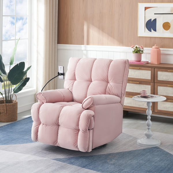 English Elm Single Teddy Upholstered Recliner Chair with Solid Wood Frame, Sponge Cushions & Phone Stand, Adjustable Back to 150° Pink W1278P212866
