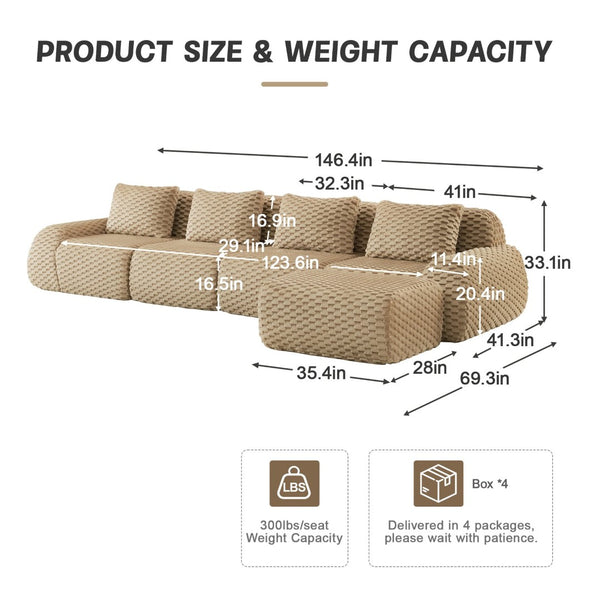 English Elm 146" Modular L-shaped Sectional Flannelette Sofa with Ottoman Tool-free Living Room Setup Light Camel W714S01515