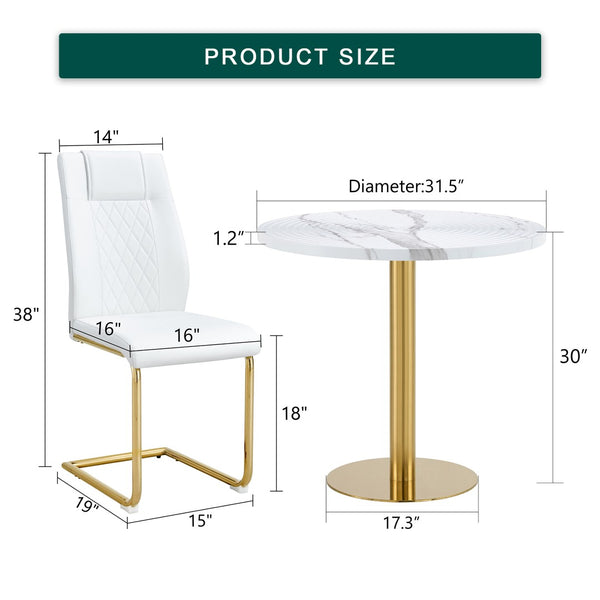 English Elm Table 5-Piece Set: Elegant White Marble Round Dining Table With Gold Legs & 4 Pu Upholstered Chairs W1151S02491-GIGA