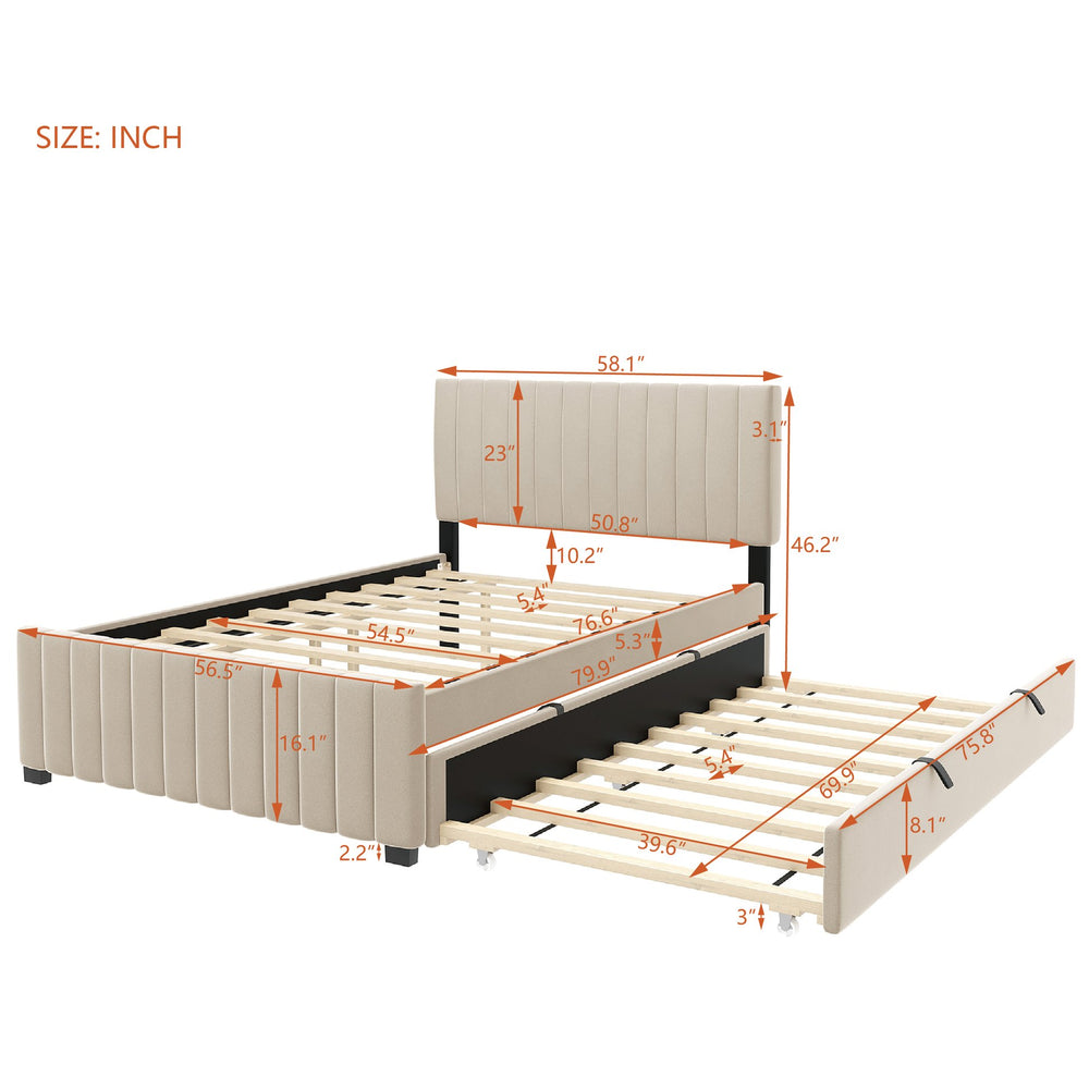 English Elm Full Velvet Upholstered Platform Bed with Twin Trundle, Space-Saving Design, Durable Luxury Finish Beige SF000269AAA