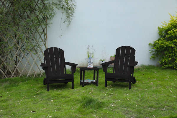 English Elm Folding Adirondack Chair Set with Side Table, Weatherproof HDPE Wood-Grain Finish, Cup Holder, 350lb Capacity Black W2103P254643