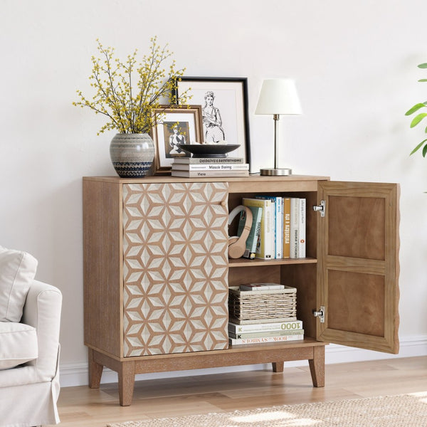 English Elm 31.5-inch Farmhouse Sideboard Geometric Doors Distressed Wood Finish Dining Storage Cabinet W1706P311104
