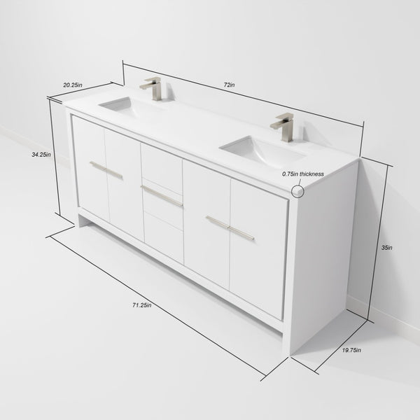 English Elm White Double Bath Vanity With White Quartz Top, Gun Metal Faucet, And Ample Storage Space, 72" Wide B2731P259521-GIGA