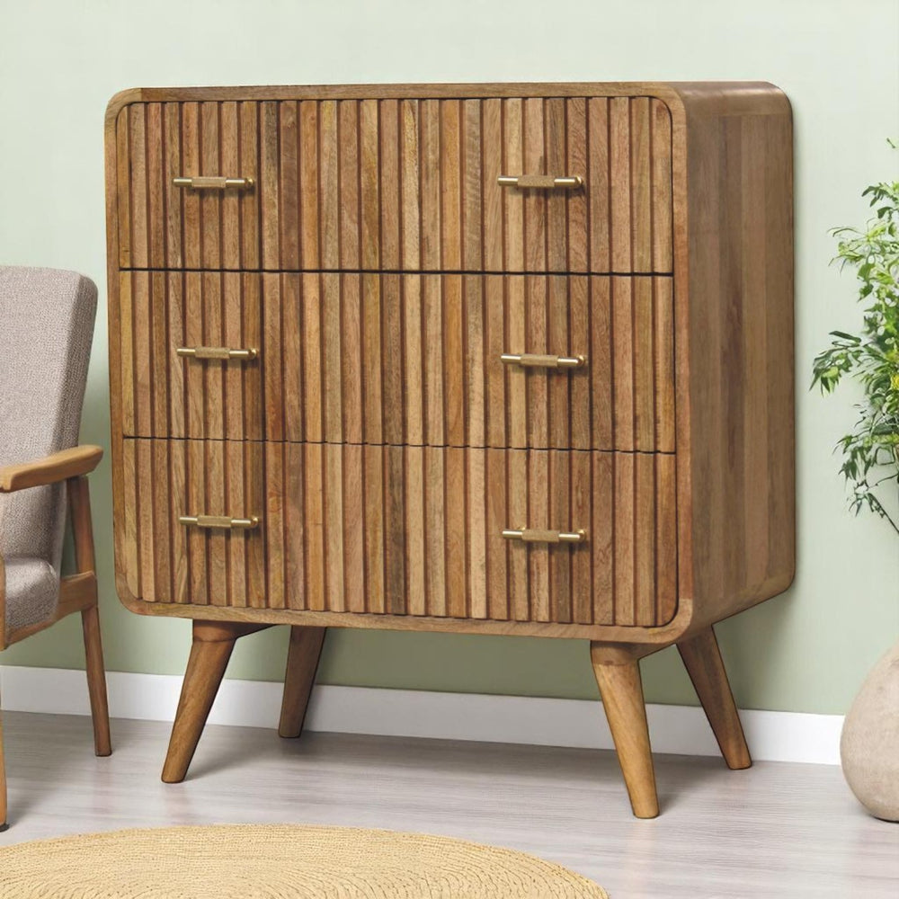 English Elm T-bar Solid Mango Wood 3-Drawer Chest in Light Brown with T-Bar Handles & Nordic Legs, 31.5"L B182P230380