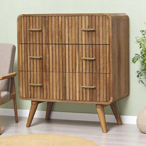 English Elm T-bar Solid Mango Wood 3-Drawer Chest in Light Brown with T-Bar Handles & Nordic Legs, 31.5"L B182P230380
