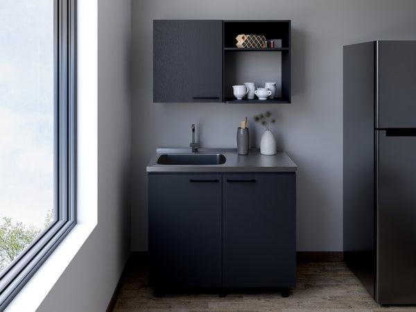 English Elm Alexandria Wall-Mount 2-Piece Kitchen Set with Stainless Steel Countertop & Utility Sink, Black (96) B092S00222