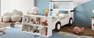 English Elm Twin Pine Treehouse Floor Bed with Padded Rails and Cabin Roofline for Kids Brown,Light White W1580S00471