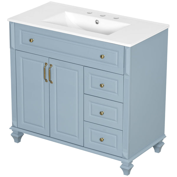 English Elm 36" Bathroom Vanity - Modern Blue Grey Solid Wood Cabinet With Elegant Gold Handles & Ample Storage N725P356069E