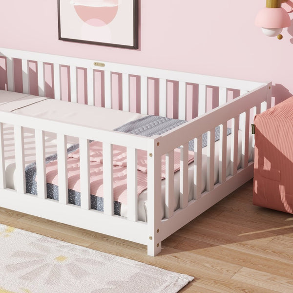 English Elm Twin Size Floor Bed With Safety Guardrails - Durable Rubberwood, Minimalist White Design For Kids W504P286396-GIGA