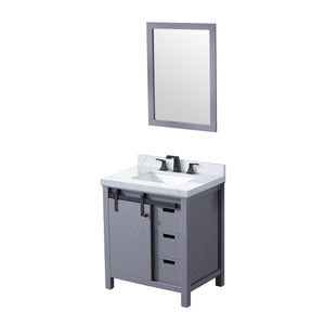 English Elm Dark Grey Bath Vanity Set With Carrara Marble Top, Matte Black Faucet & 28-Inch Mirror For Modern Spaces B2731S01273