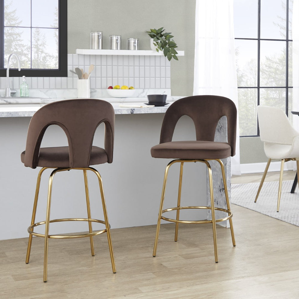 English Elm Fixed-height Swivel Counterstools with White Upholstery Gold Footrest Set of 2 Espresso B202S01789