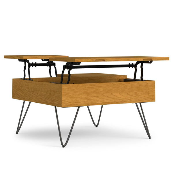 English Elm Hunter Solid Oak Lift Top Square Coffee Table with Hidden Storage and Hairpin Legs B136P429095