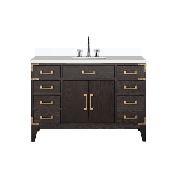 English Elm Brown Oak 48" Single Bath Vanity with White Quartz Top, Soft-Close Drawers & Chrome Faucet Set B2731P259811