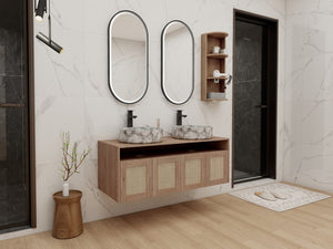 English Elm 48" Floating Bathroom Vanity Oak Finish Dual Ceramic Sinks Soft Close Plywood Cabinet W999S00506