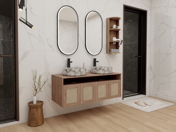 English Elm 48" Floating Bathroom Vanity Oak Finish Dual Ceramic Sinks Soft Close Plywood Cabinet W999S00506