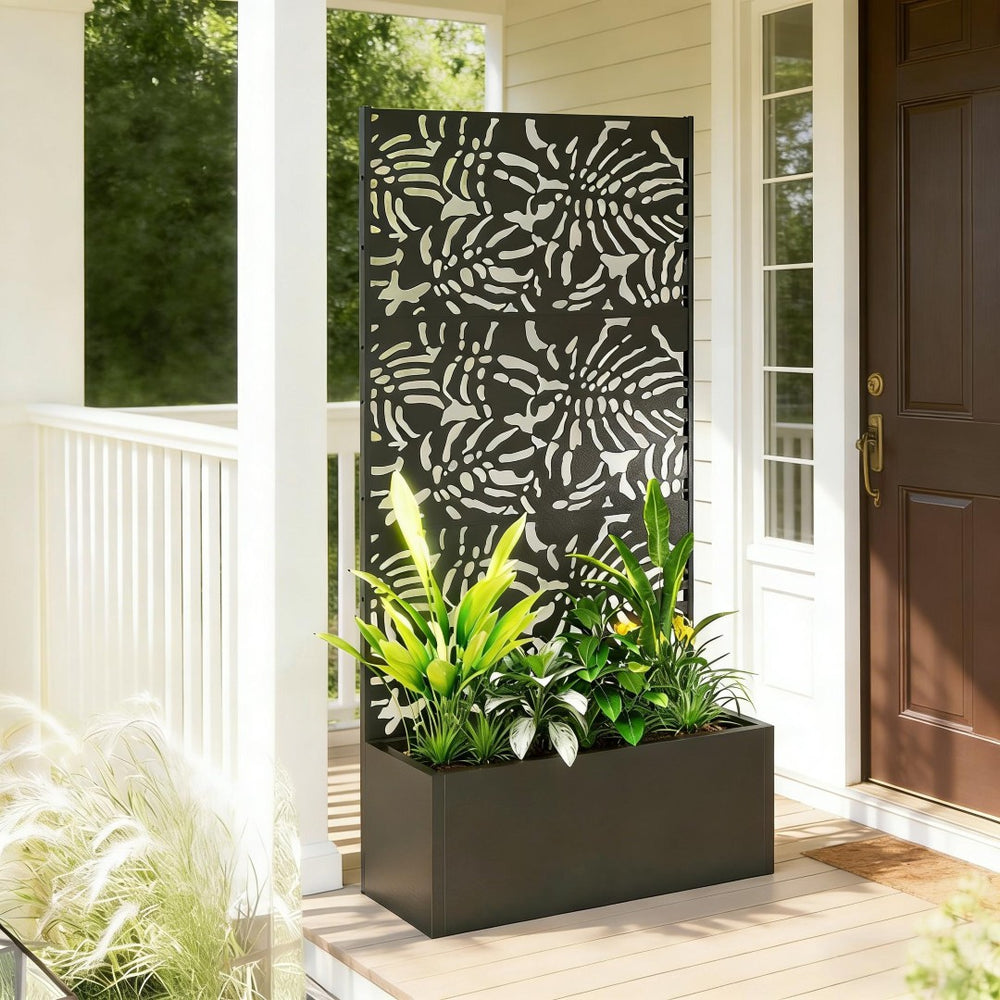 English Elm Raised Metal Garden Bed with Tall Diamond Trellis Powder Coated Outdoor Privacy Planter T3971P455101