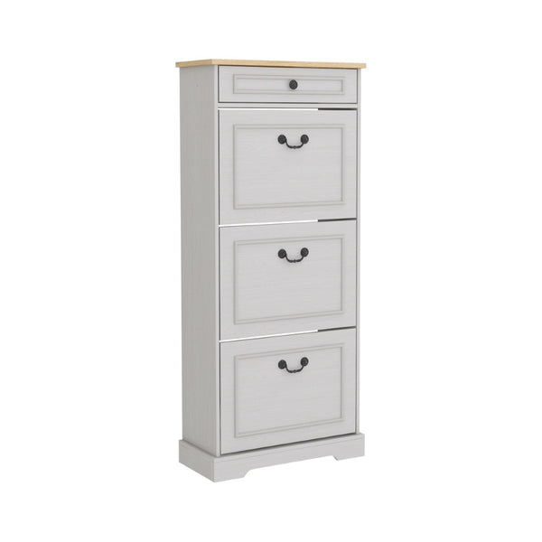 English Elm Shoe Storage Cabinet - Slim Freestanding Organizer With 1 Drawer, 3 Flip Drawers & Adjustable Shelf W1120P290634-GIGA