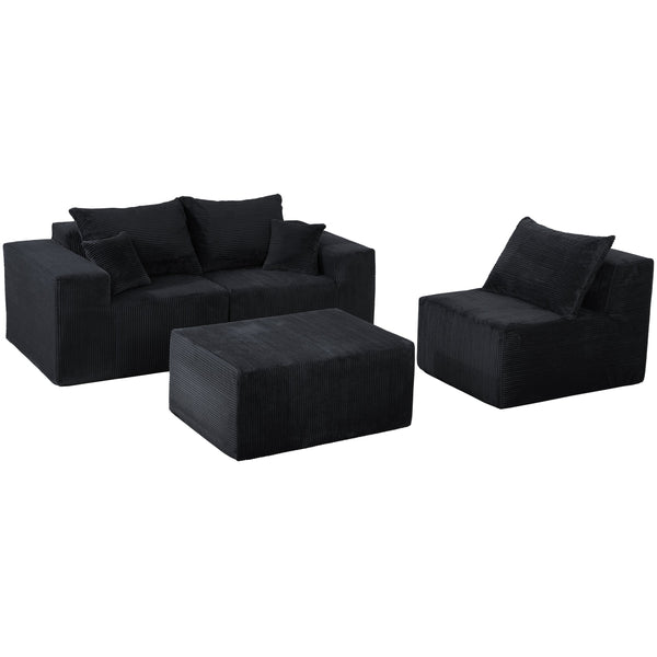 English Elm 4-Piece Modular L-Shaped Sectional Sofa with Corduroy Upholstery, Convertible Chaise, Pillows Included Black W3163S00038