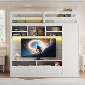 English Elm Full Size Loft Bed with Led Lighting Wardrobe Drawers and Shelves for Teen Rooms White LT000499AAK