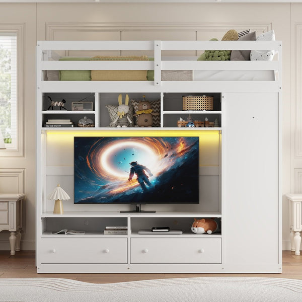 English Elm Full Size Loft Bed with Led Lighting Wardrobe Drawers and Shelves for Teen Rooms White LT000499AAK