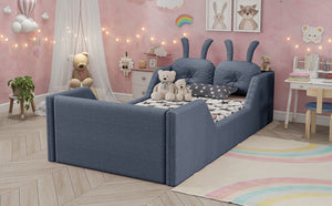 English Elm Twin Kids Platform Bed Teddy Fabric Upholstered with Bunny Cushions and Safety Rails Gray W2593P395809