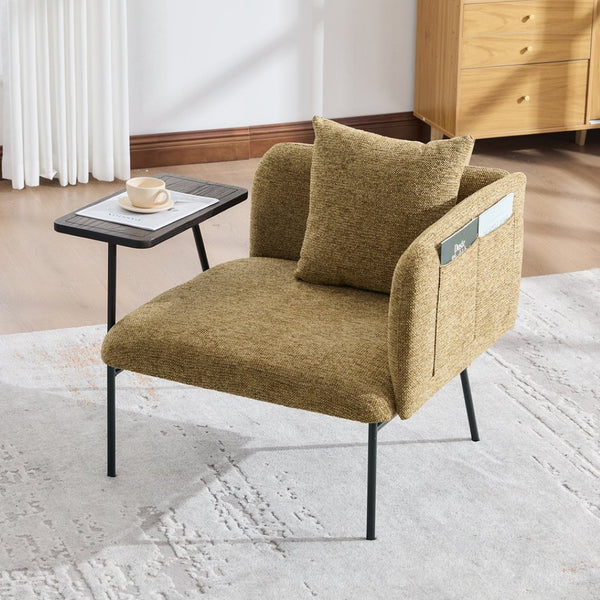 English Elm Leisure Linen Accent Chair with Built-in Side Table Pockets and Lumbar Pillow Modern Yellow W395P453313