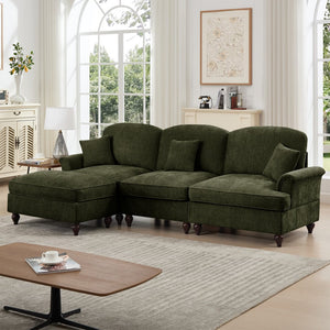 English Elm Mid Century three-seater modular L-shaped sectional sofa with removable ruffle skirts, chenille comfort and spindle legs — versatile, elegant seating solution Green W3041S00267