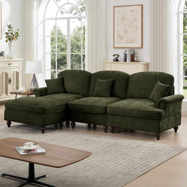 English Elm Mid Century three-seater modular L-shaped sectional sofa with removable ruffle skirts, chenille comfort and spindle legs — versatile, elegant seating solution Green W3041S00267