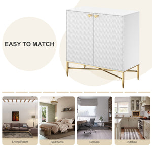 English Elm White Modern 2-Door Locker Accent Cabinet with Raised Diamond Front, Brass Tapered Legs, Storage Elegance T3609P333096