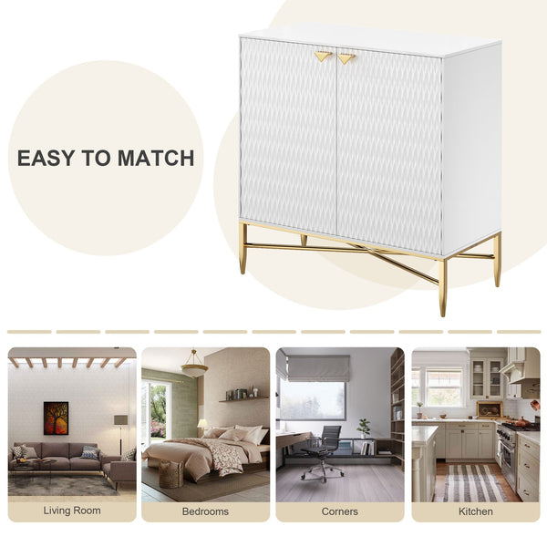 English Elm White Modern 2-Door Locker Accent Cabinet with Raised Diamond Front, Brass Tapered Legs, Storage Elegance T3609P333096