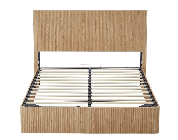 English Elm Queen Hydraulic Lift Storage Bed Oak Finish Curved Headboard Modern Farmhouse Frame W1820S00059