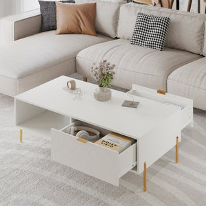 English Elm Mid-century Modern Coffee Table with Dual Drawers Tapered Legs and Open Storage Shelf White T3609P482851