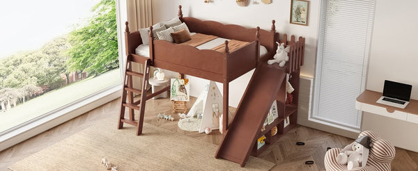 English Elm Twin Loft Bed Solid Pine Frame with Wardrobe Shelving Detachable Slide Kids Room Antique Natural W5305S00025