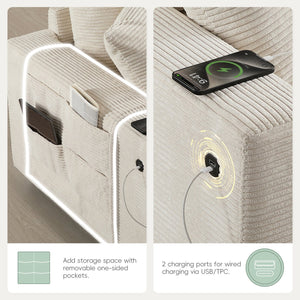 English Elm 140'' Oversized Modular Sectional Sofa with Movable Storage Ottoman, USB Charger, Console, 6-Seater U-Shaped Corduroy Beige N723S0166A