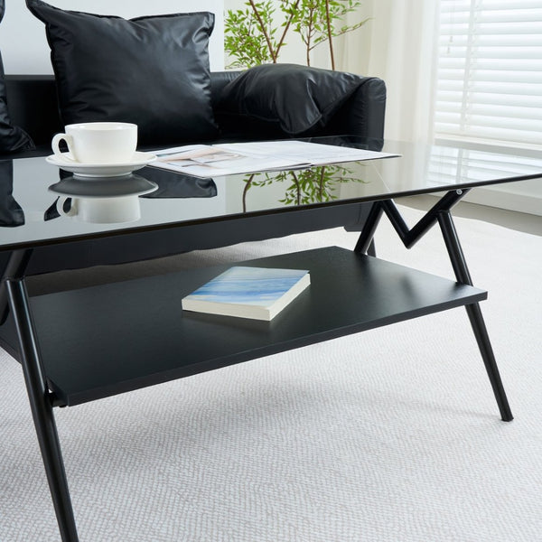English Elm Rectangle Coffee Table With Elegant Tempered Glass Top & Black Mdf Shelf For Modern Living Room Décor W241142567-GIGA