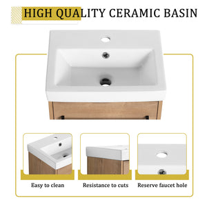 English Elm 18'' Floating Wall-Mounted Bathroom Vanity with Ceramic Sink, Soft-Close Door & Space-Saving Design Imitative Oak W999P236339
