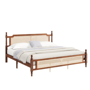 English Elm King Pine Rattan Bed Walnut — Classic Pine Wood King Bed with Rattan Headboard & Footboard, 500lb Capacity W504P269835