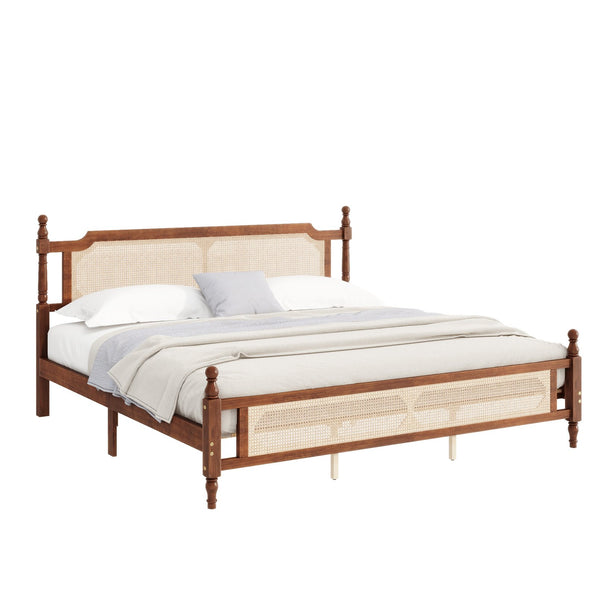 English Elm King Pine Rattan Bed Walnut — Classic Pine Wood King Bed with Rattan Headboard & Footboard, 500lb Capacity W504P269835